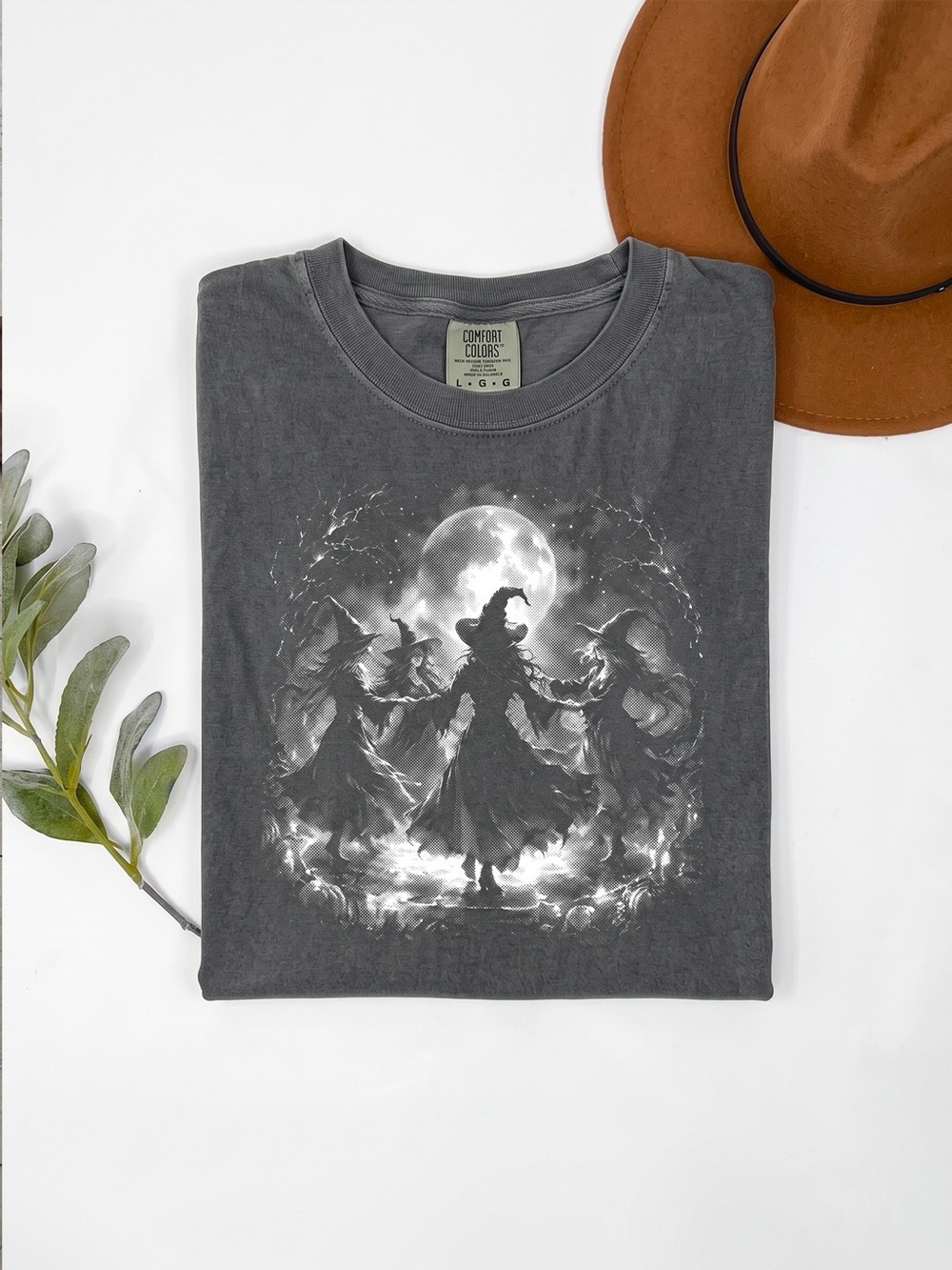 Comfort Colors Charcoal Gray Short Sleeve Tee with Witch Moon Graphic
